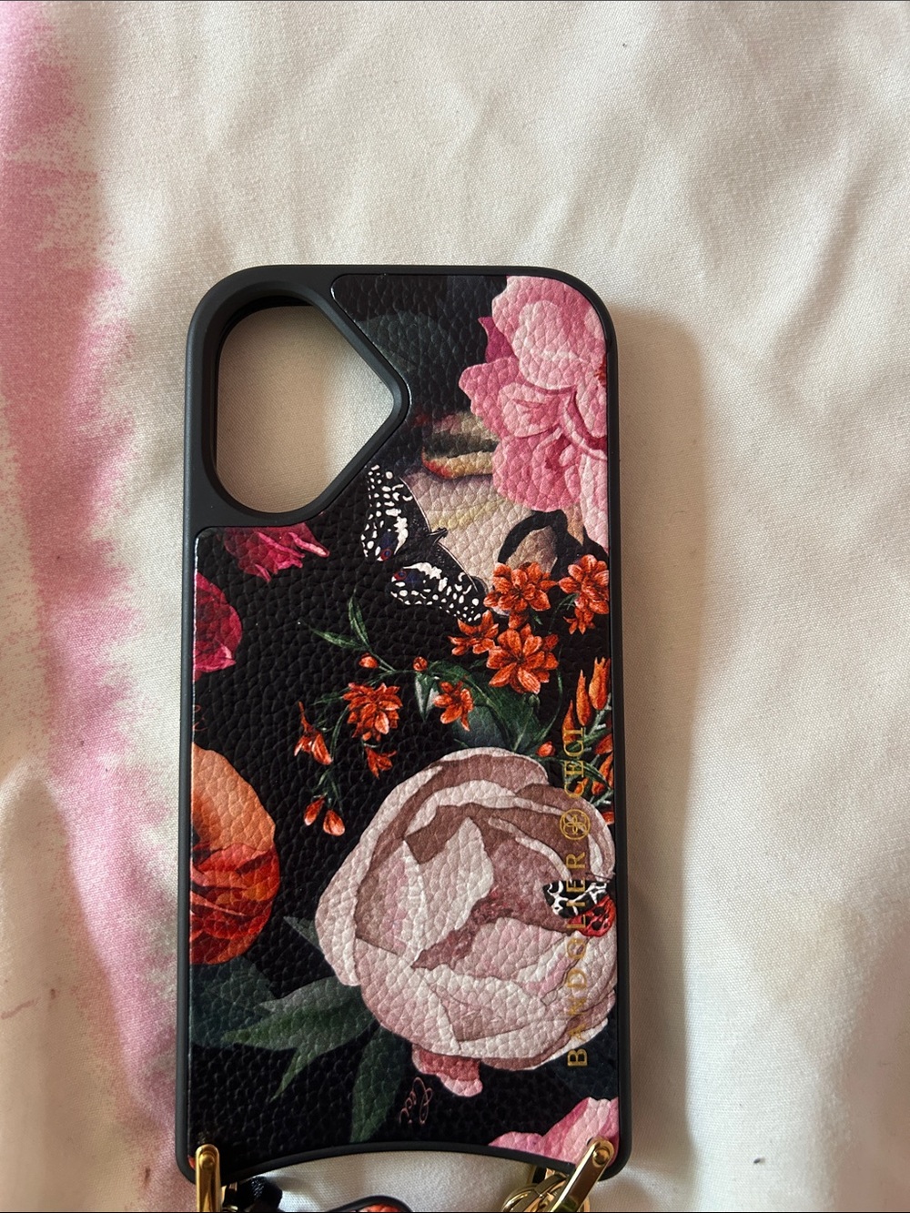 Bandolier Black Floral Leatherette Phone Case with Pink & Orange Blooms